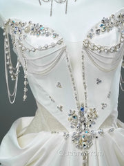 White Satin A-Line Sweetheart Beaded Long Evening Prom Dress, Elegant Adult Ceremony Graduation Evening Prom Dress