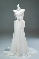 White Satin A-Line Sweetheart Beaded Long Evening Prom Dress, Elegant Adult Ceremony Graduation Evening Prom Dress