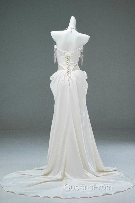 White Satin A-Line Sweetheart Beaded Long Evening Prom Dress, Elegant Adult Ceremony Graduation Evening Prom Dress