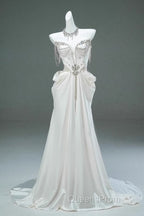 White Satin A-Line Sweetheart Beaded Long Evening Prom Dress, Elegant Adult Ceremony Graduation Evening Prom Dress