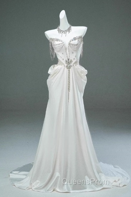 White Satin A-Line Sweetheart Beaded Long Evening Prom Dress, Elegant Adult Ceremony Graduation Evening Prom Dress