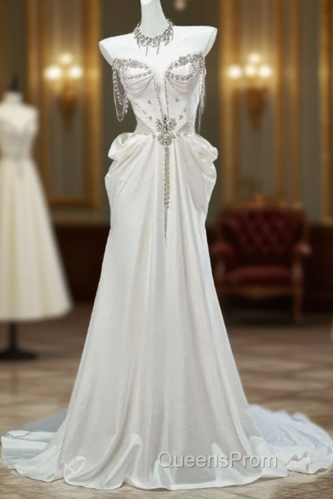 White Satin A-Line Sweetheart Beaded Long Evening Prom Dress, Elegant Adult Ceremony Graduation Evening Prom Dress Main image