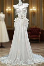 White Satin A-Line Sweetheart Beaded Long Evening Prom Dress, Elegant Adult Ceremony Graduation Evening Prom Dress