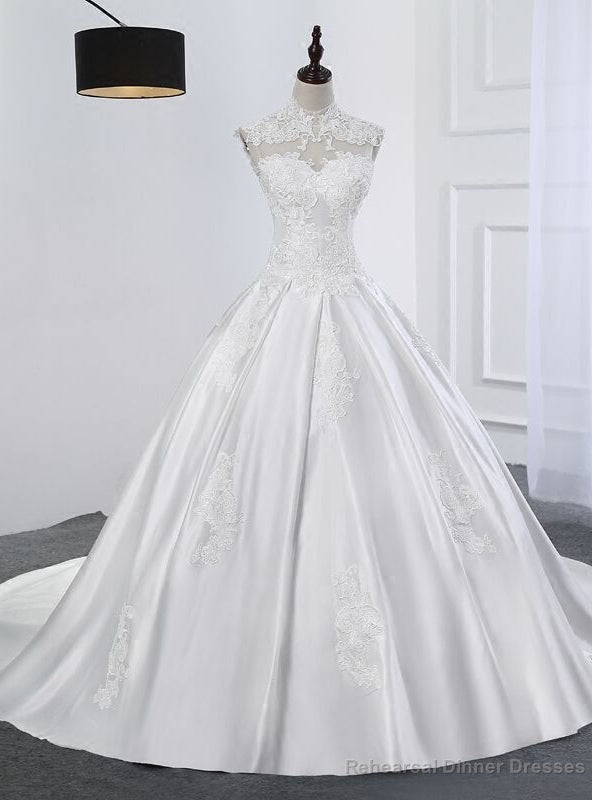 White Satin Appliques High Neck Backless Wedding Dress Main image
