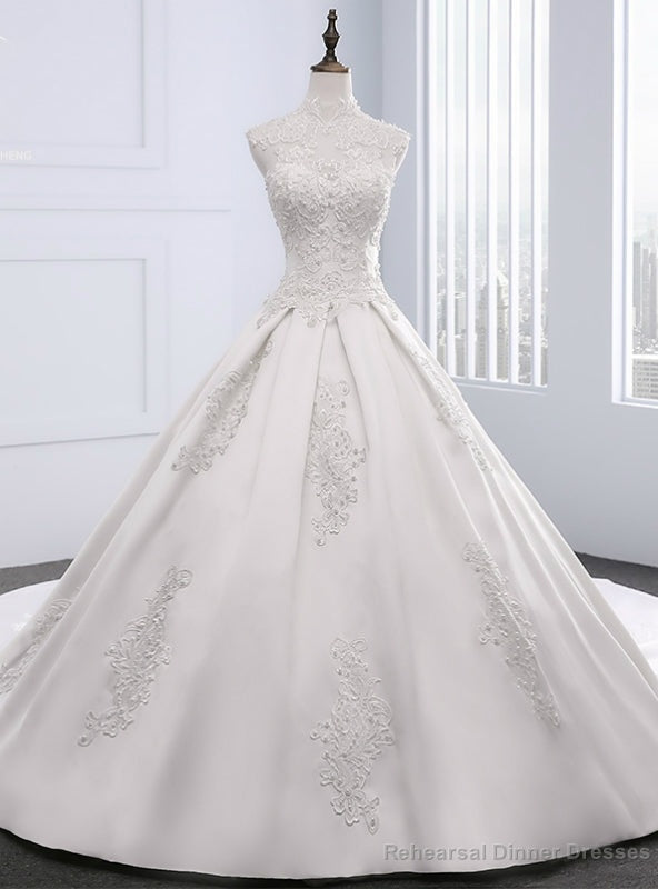 White Satin Appliques Pearls High Neck With Train Wedding Dress Main image