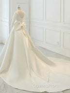 White Satin Backless 3/4 Sleeve Wedding Dress Party Evening Prom Dress