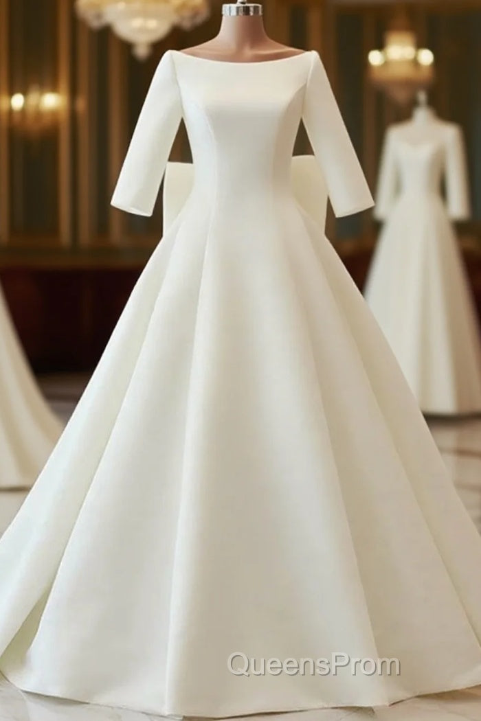 White Satin Backless 3/4 Sleeve Wedding Dress Party Evening Prom Dress Main image