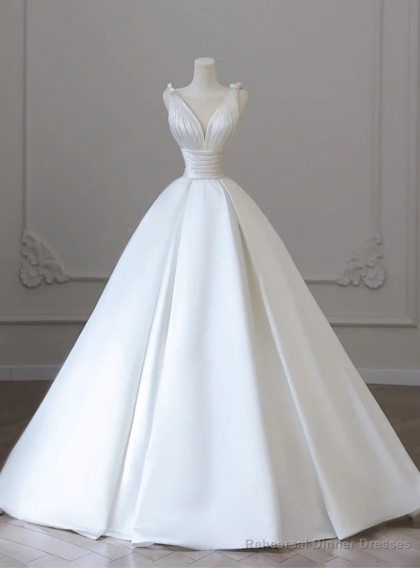 White Satin Backless Pleats See Through Wedding Dress Main image