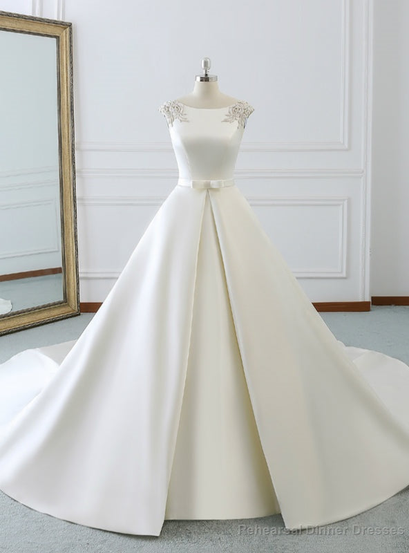 White Satin Cap Sleeve Backless Wedding Dress With Pearls Main image