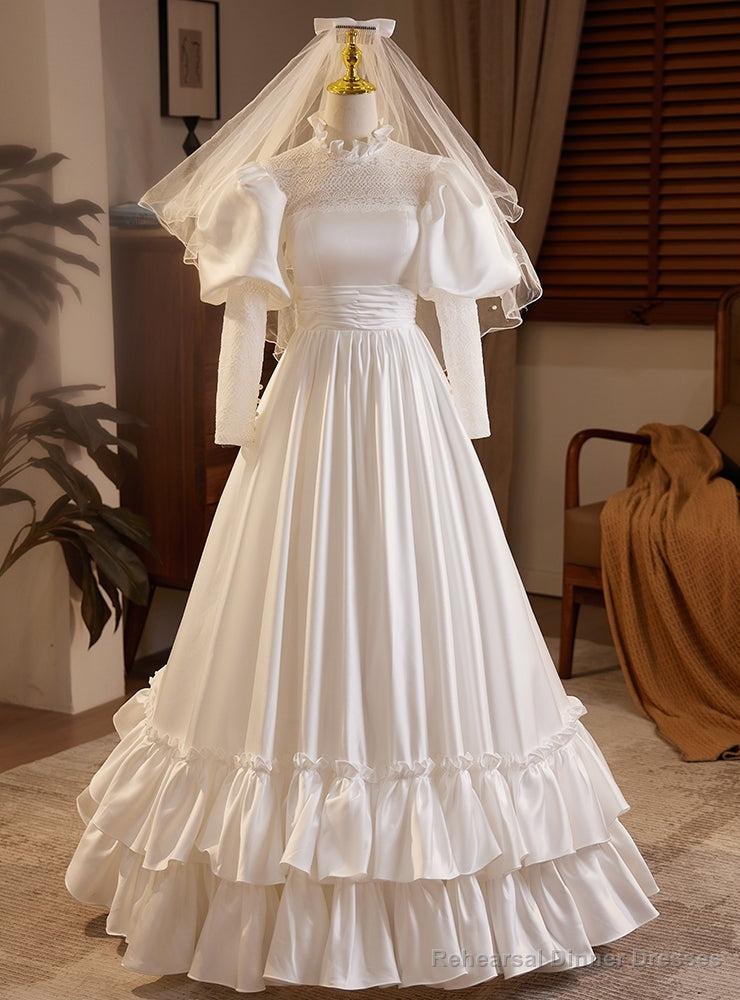 White Satin High Neck Long Sleeve Backless Wedding Dress Main image