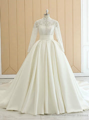 White Satin High Neck Long Sleeve Wedding Dress With Button