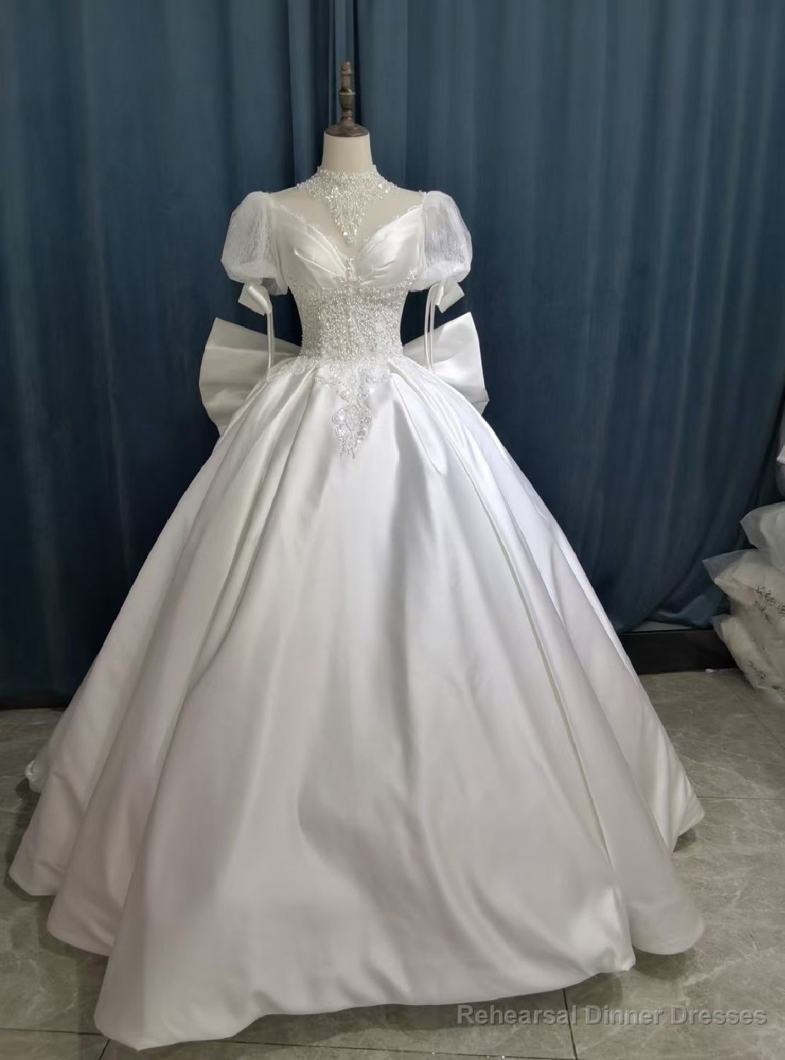 White Satin High Neck Short Sleeve Beading Wedding Dress Main image