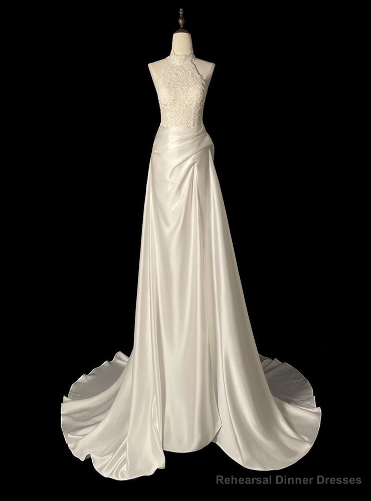 White Satin Lace Halter Wedding Dress Main image