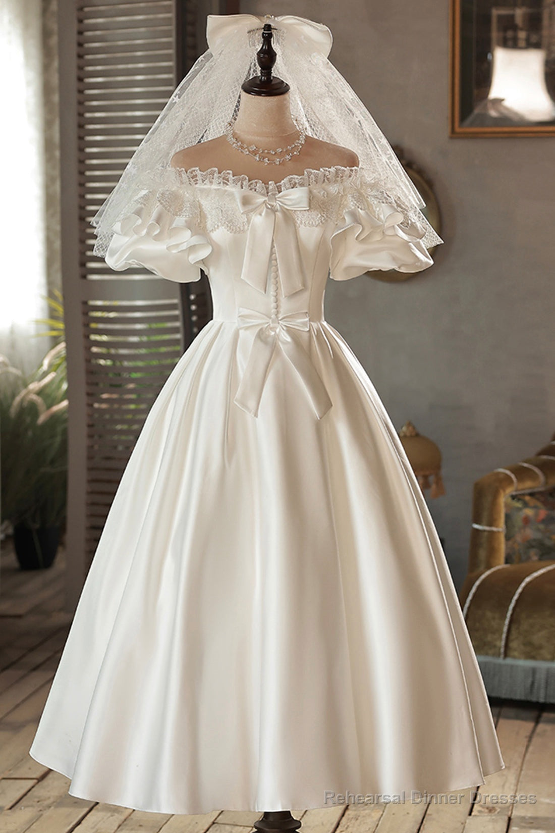 White Satin Lace Off Shoulder Prom Dress, White Evening Dress, Wedding Dress Main image