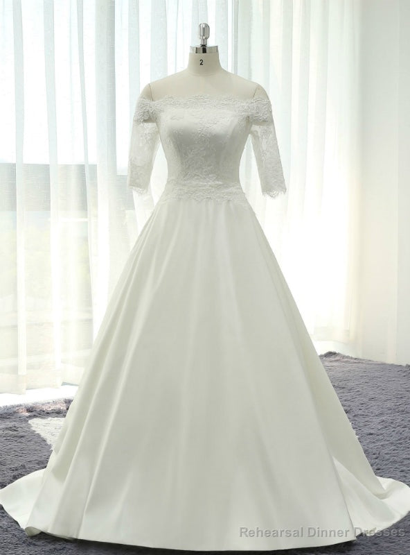 White Satin Lace Off The Shoulder Short Sleeve Wedding Dress With Lace Train Main image