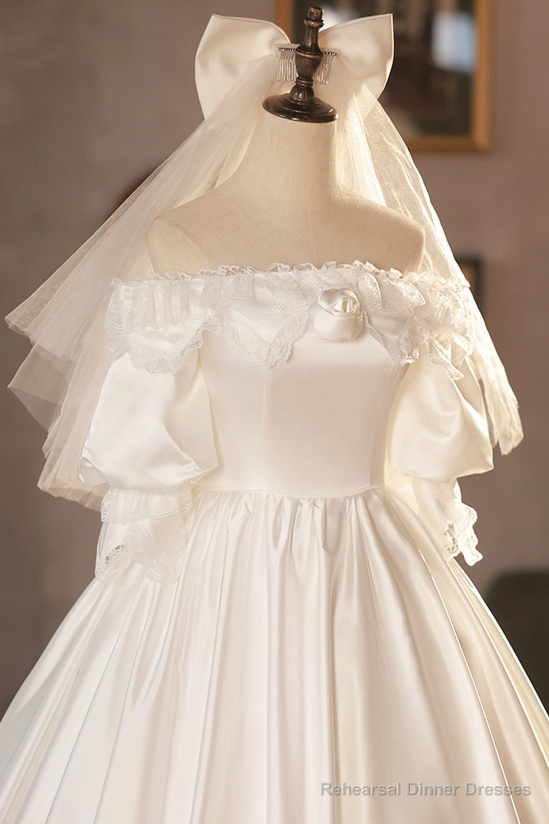 White Satin Lace Prom Dress, White Evening Dress, Wedding Dress Secondary image