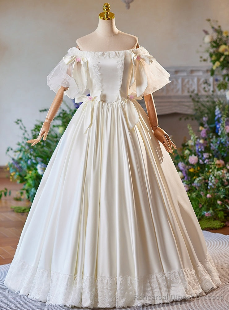 White Satin Lace Puff Sleeve Bow Off the Shoulder Wedding Dress Main image