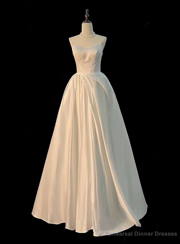 White Satin Lace Spaghetti Straps Wedding Dress Main image