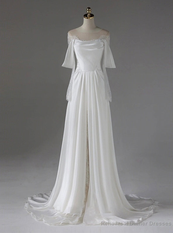 White Satin Lace Wedding Dress Main image