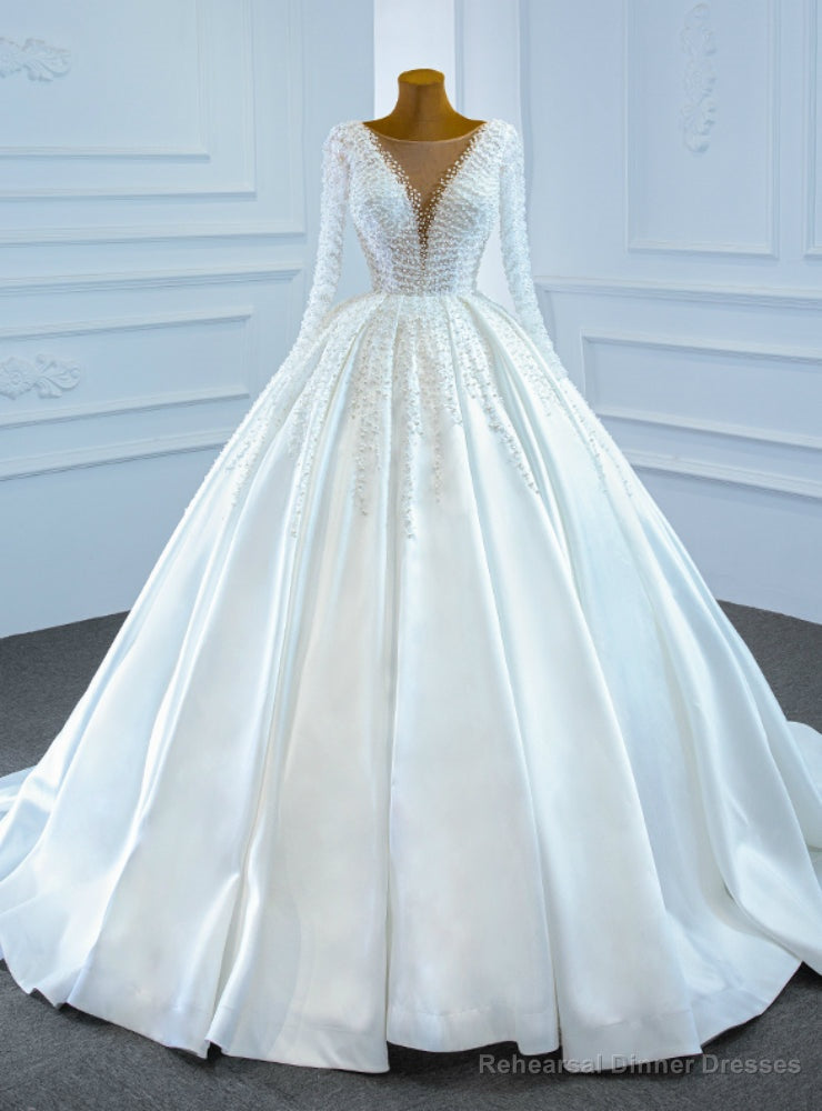 White Satin Long Sleeve Pearls Illusion Wedding Dress Main image