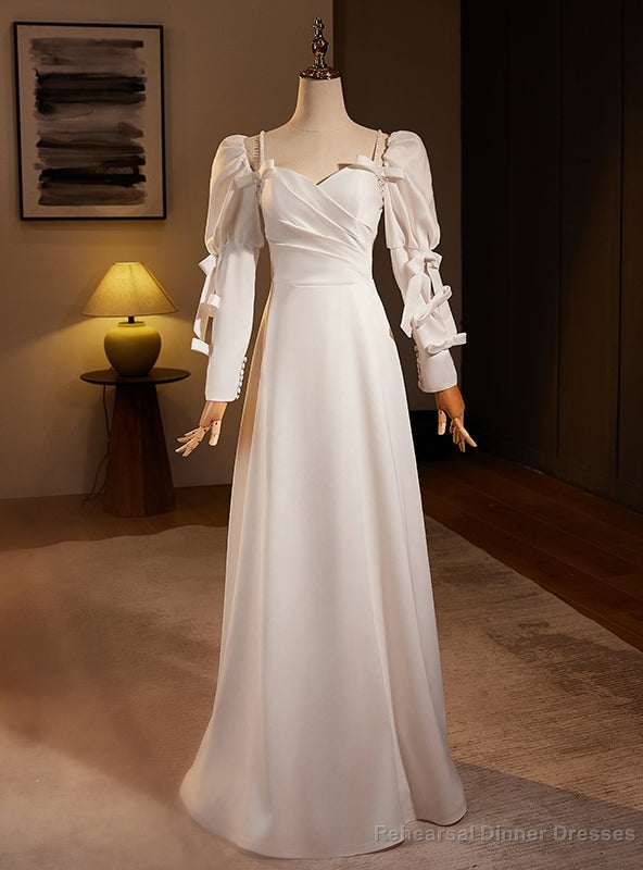 White Satin Long Sleeve Square Neck Pleats Wedding Dress Main image