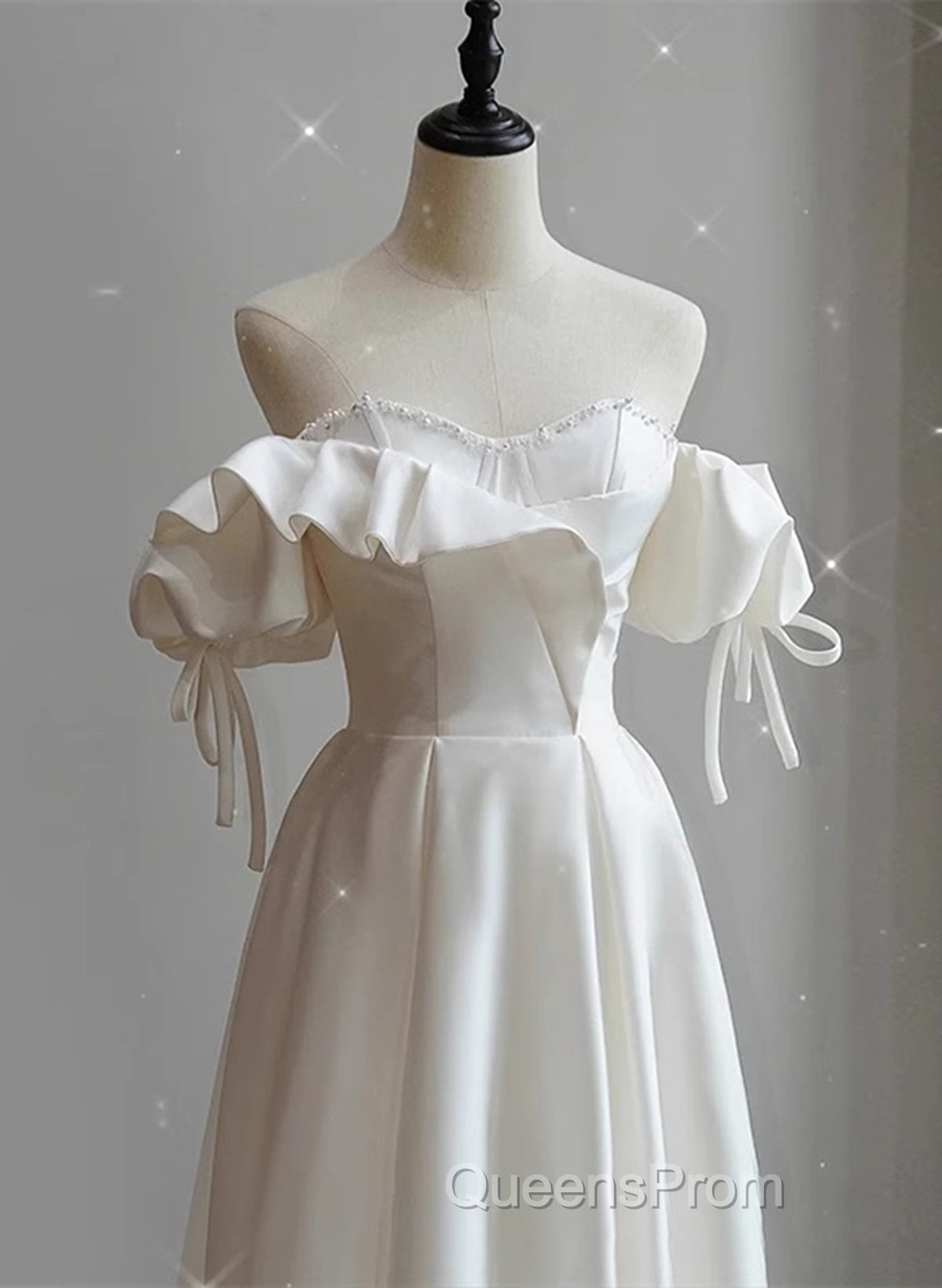 White Satin Off Shoulder Beaded Sweetheart Formal Dress, White Long Evening Prom Dress Secondary image
