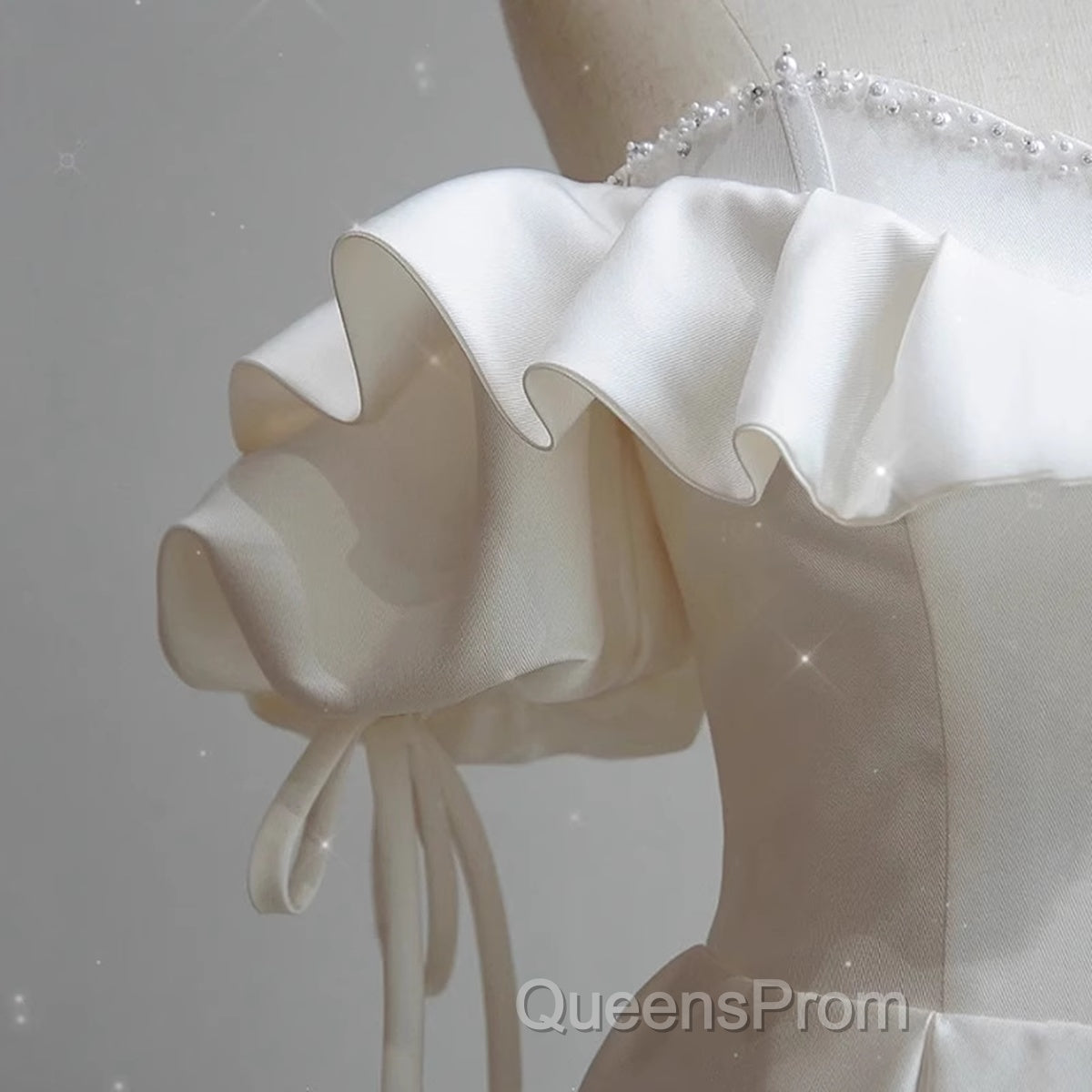 White Satin Off Shoulder Beaded Sweetheart Formal Dress, White Long Evening Prom Dress