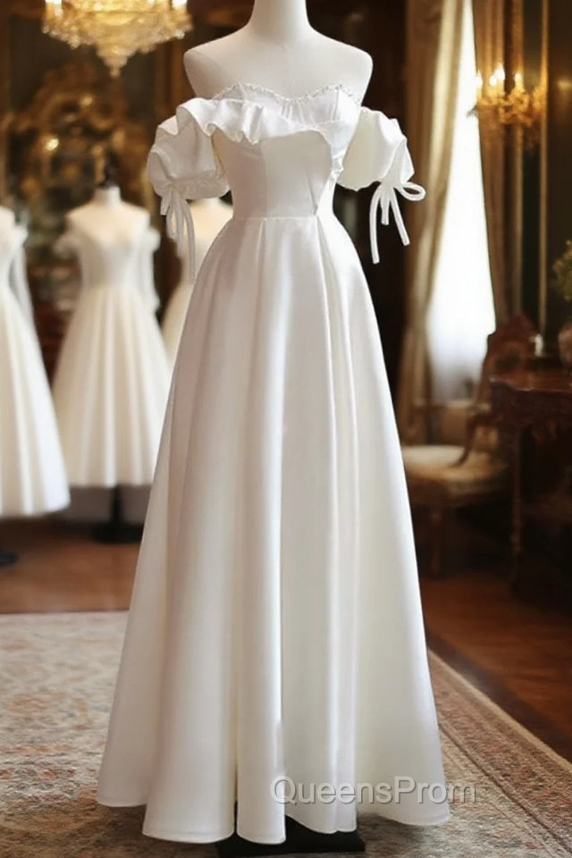 White Satin Off Shoulder Beaded Sweetheart Formal Dress, White Long Evening Prom Dress Main image