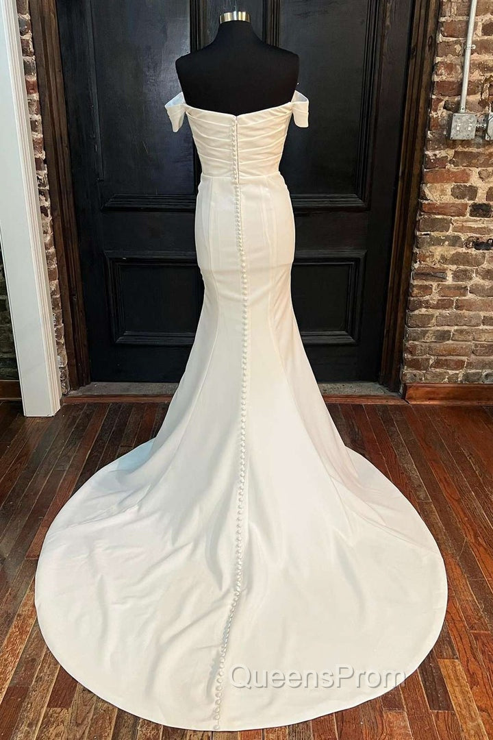 White Satin Off-The-Shoulder Mermaid Long Wedding Dress Pure Color Secondary image
