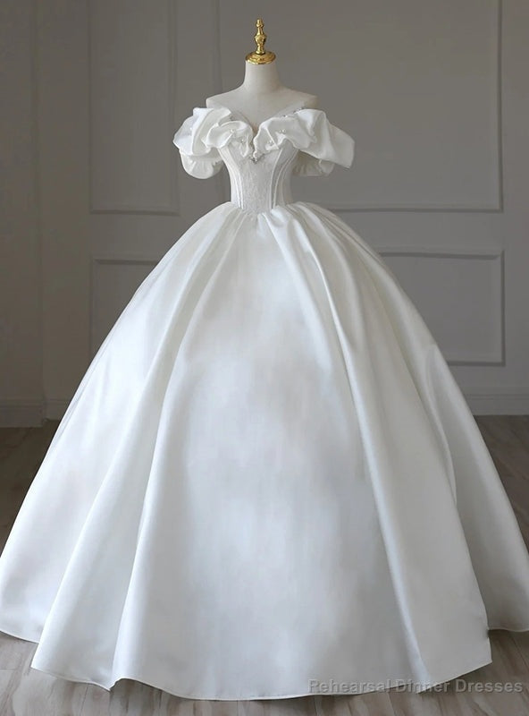 White Satin Off the Shoulder Pearls Beading Wedding Dresses Main image