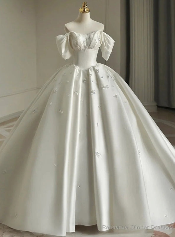 White Satin Off the Shoulder Pleats Beading Wedding Dress Main image