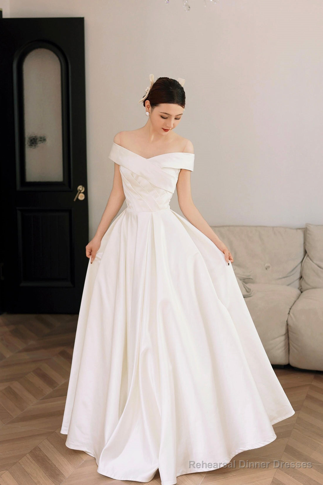 White Satin Off the Shoulder Prom Dress, A-Line Floor Length Evening Party Dress Main image