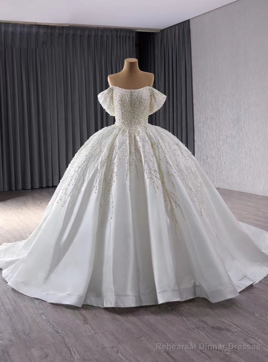 White Satin Off the Shoulder Sequins Pearls Wedding Dress Main image