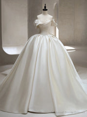 White Satin Off the Shoulder Wedding With Train