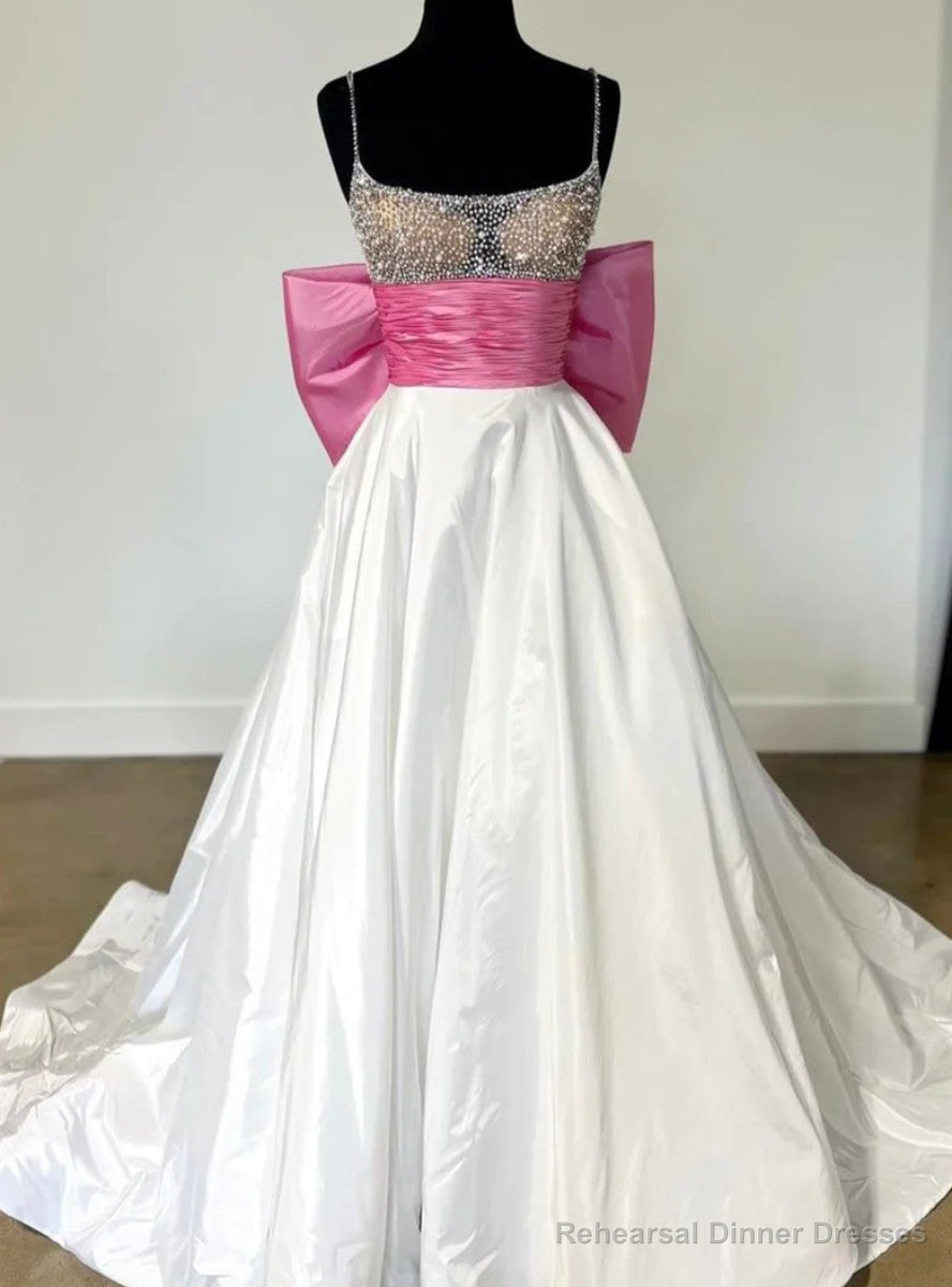 White Satin Pink Bow Beading Prom Dress Main image