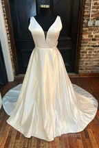 White Satin Plunging Neck Bow-Back A-Line Long Wedding Dress V-Neck