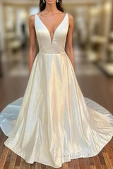 White Satin Plunging Neck Bow-Back A-Line Long Wedding Dress V-Neck