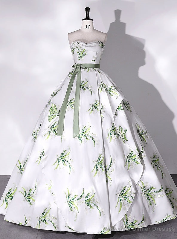 White Satin Print Strapless Quinceanera Dress Main image