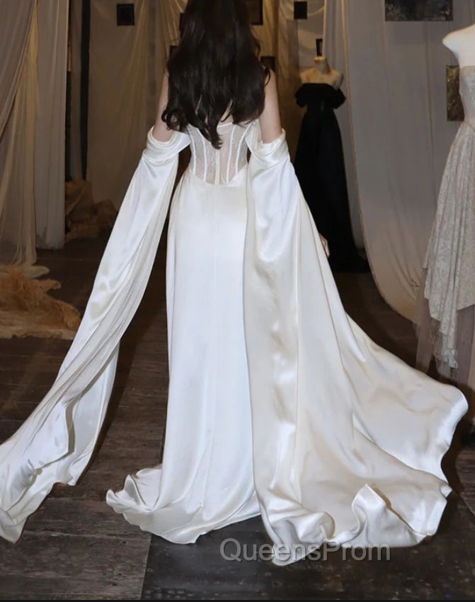 White Satin Evening Prom Dress Satin A-Line Long Scoop Long Evening Dress