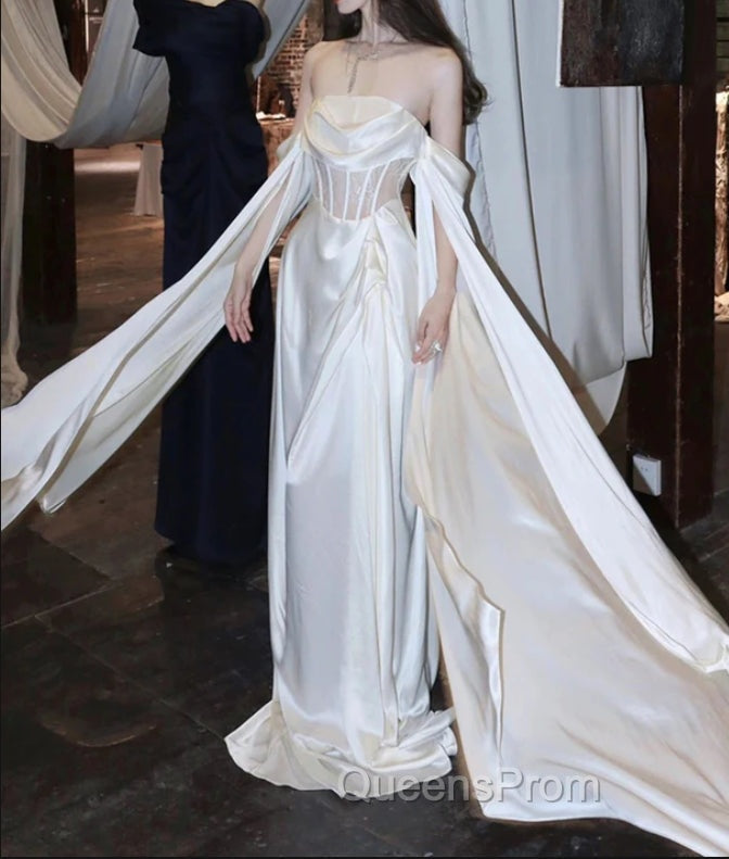 White Satin Evening Prom Dress Satin A-Line Long Scoop Long Evening Dress