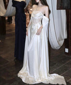 White Satin Evening Prom Dress Satin A-Line Long Scoop Long Evening Dress