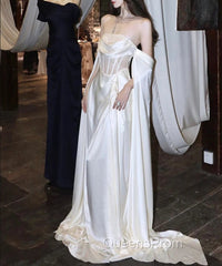 White Satin Evening Prom Dress Satin A-Line Long Scoop Long Evening Dress