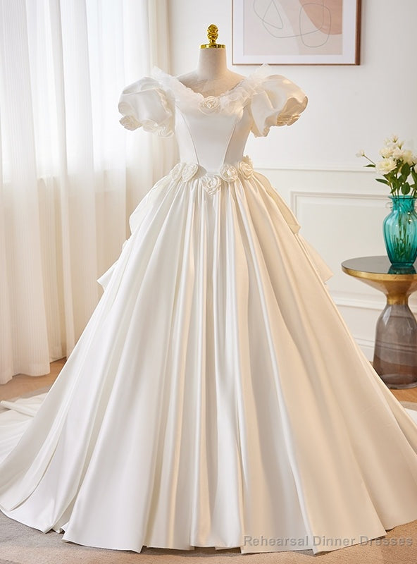 White Satin Puff Sleeve Backless Flower Wedding Dress Main image