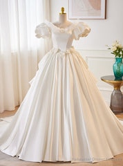 White Satin Puff Sleeve Backless Flower Wedding Dress