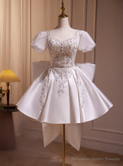 White Satin Puff Sleeve Beading Homecoming Dress