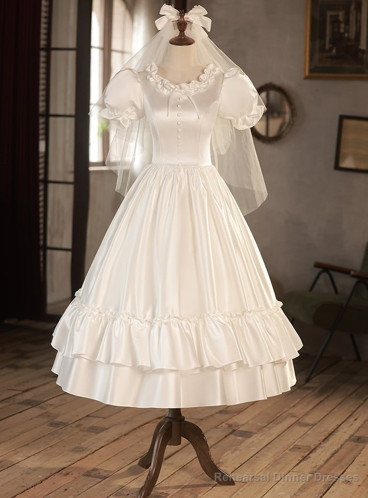 White Satin Puff Sleeve Button Wedding Dress Main image