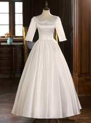 White Satin Short Sleeve Lace Button Wedding Dress