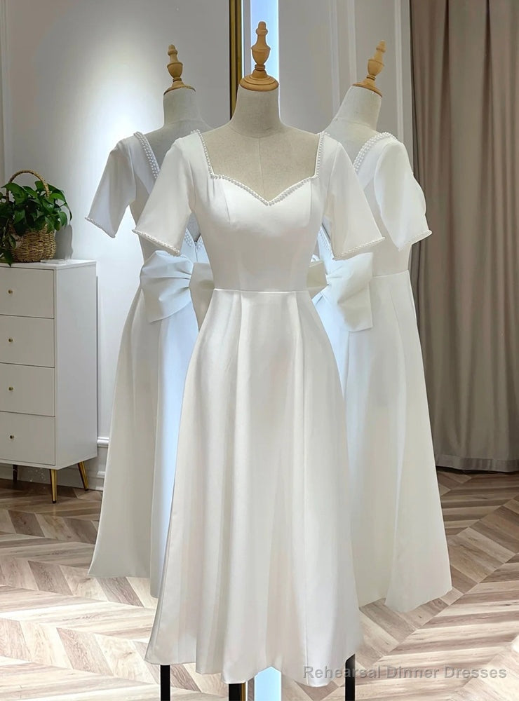 White Satin Short Sleeve Short Wedding Dress Main image