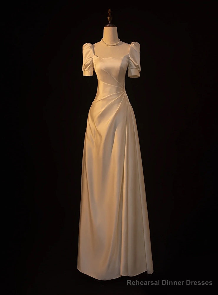 White Satin Short Sleeve Square Wedding Dress Main image