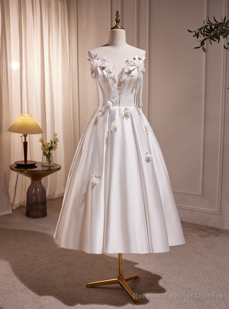 White Satin Spaghetti Straps Beading Wedding Dress Main image